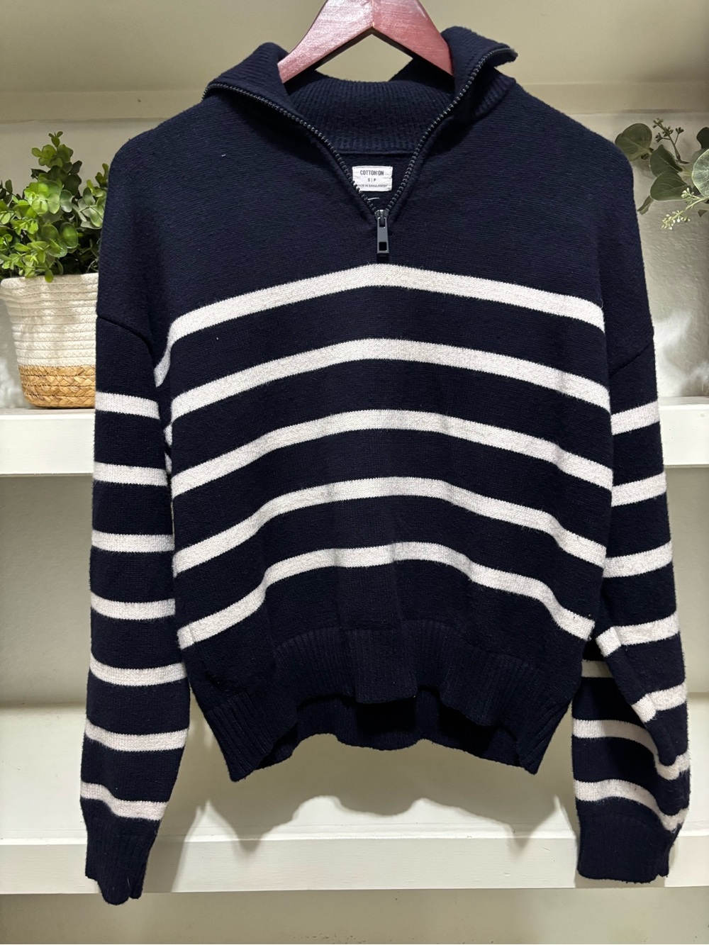 Cotton On Women’s Navy and White Striped Half-Zip Sweater Size XS